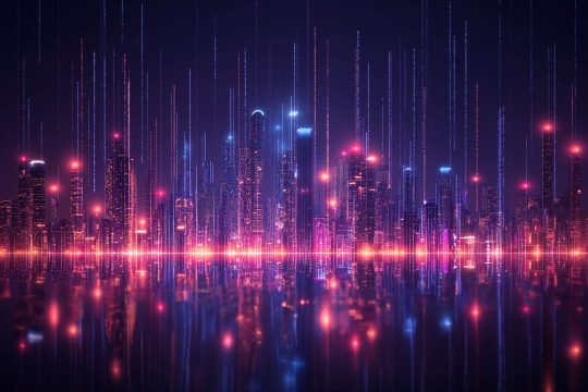 A_drone_shot_over_a_virtual_Smart_city_3D_neon_glowing_