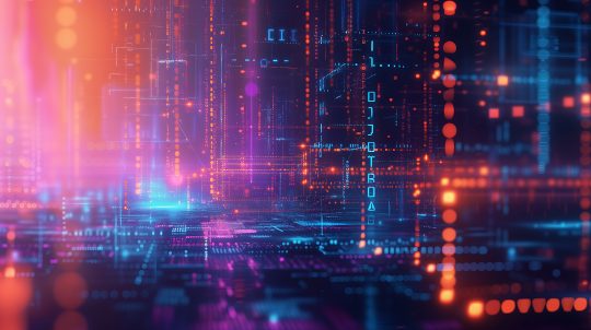 Futuristic digital abstract background with glowing lines and data.