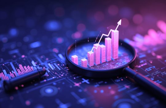 Magnifying glass highlights business growth chart with upward trend. Generative AI analysis financial success stock increase profit, investment statistic performance market economy improvement