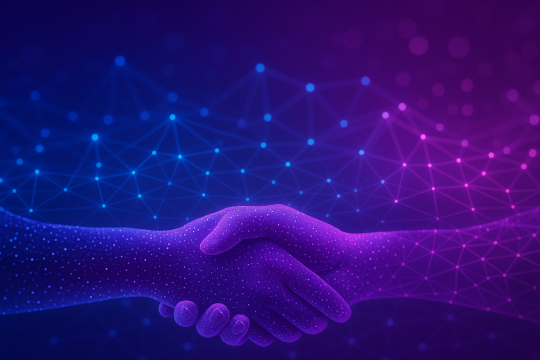 Futuristic digital handshake symbolizing trust and accountability in value-based business cooperation models – Holisticon, 2026 perspective on technology partnerships.